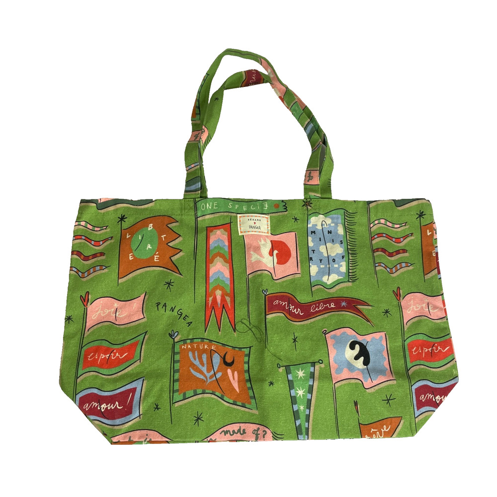 Sezane Pangea Green Flag Print Cotton Tote Bag